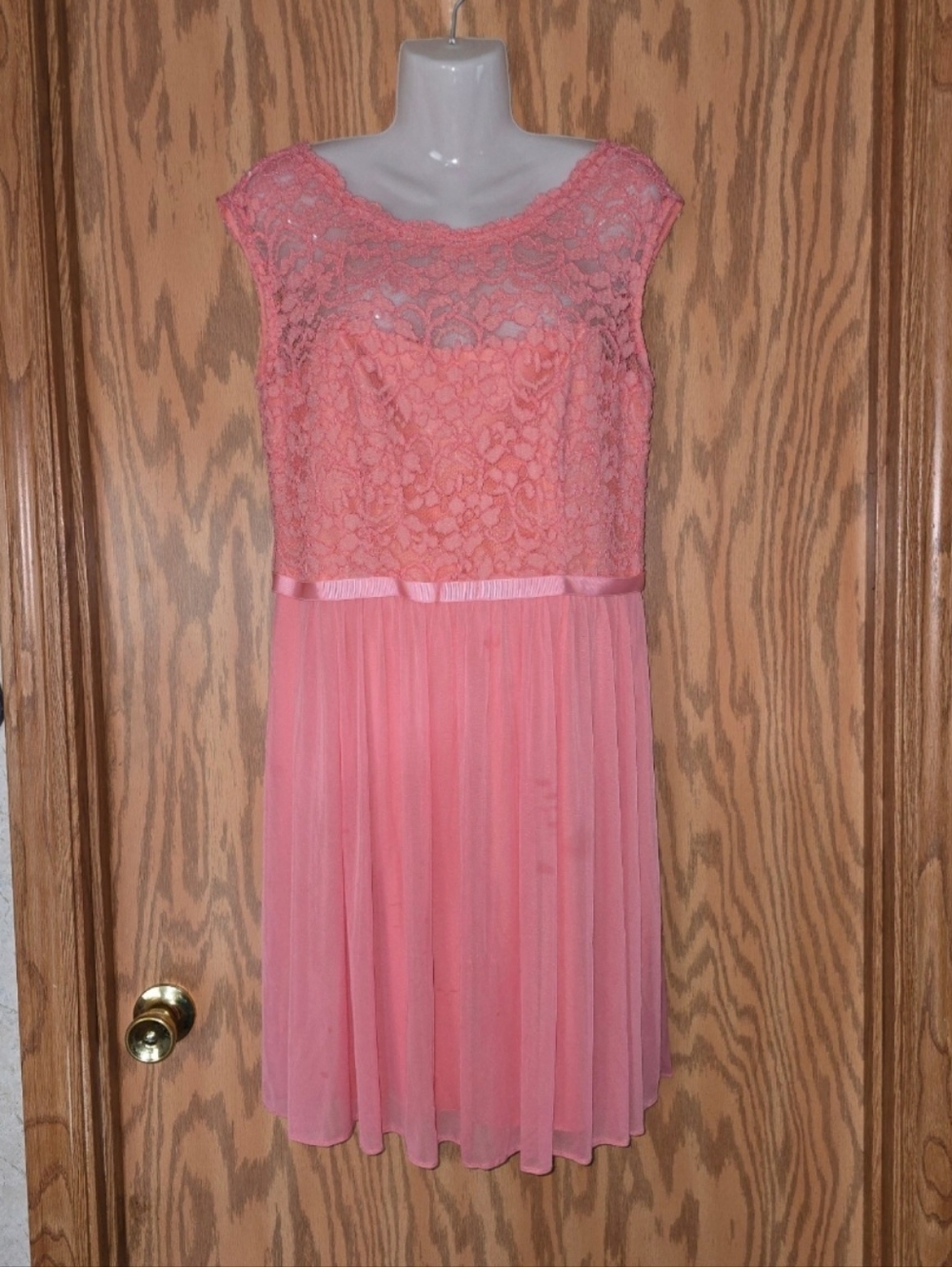 David's Bridal Coral Lace Bodice Chiffon Dress